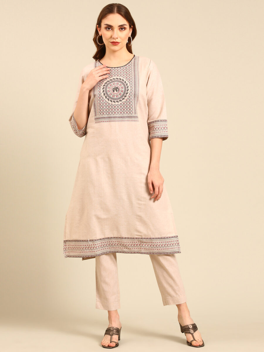 Marcia Beige printed Cotton Straight Kurta Set - Image 2
