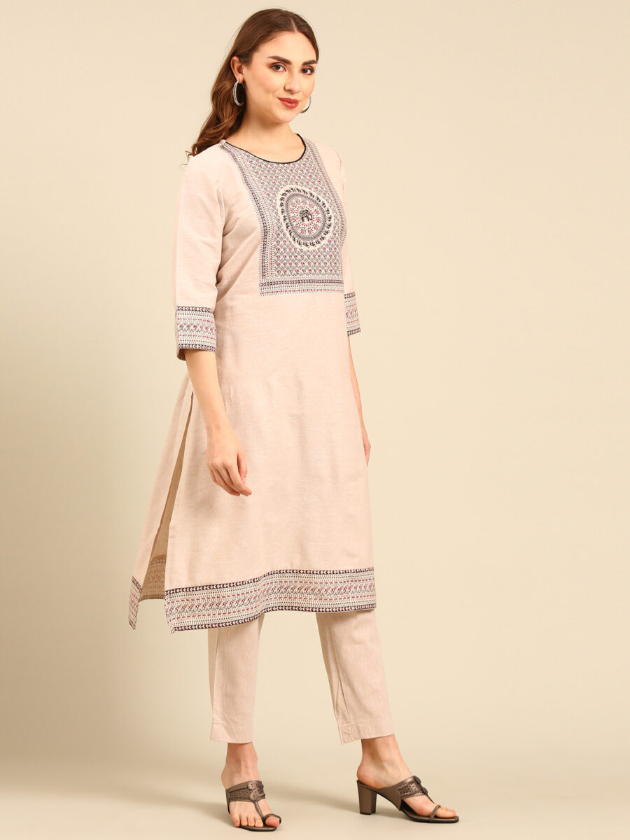 Marcia Beige printed Cotton Straight Kurta Set - Image 4