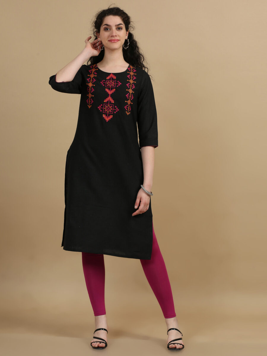 Marcia Black Embroidred Cotton Straight kurta - Image 2