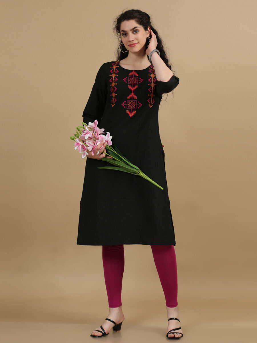 Marcia Black Embroidred Cotton Straight kurta
