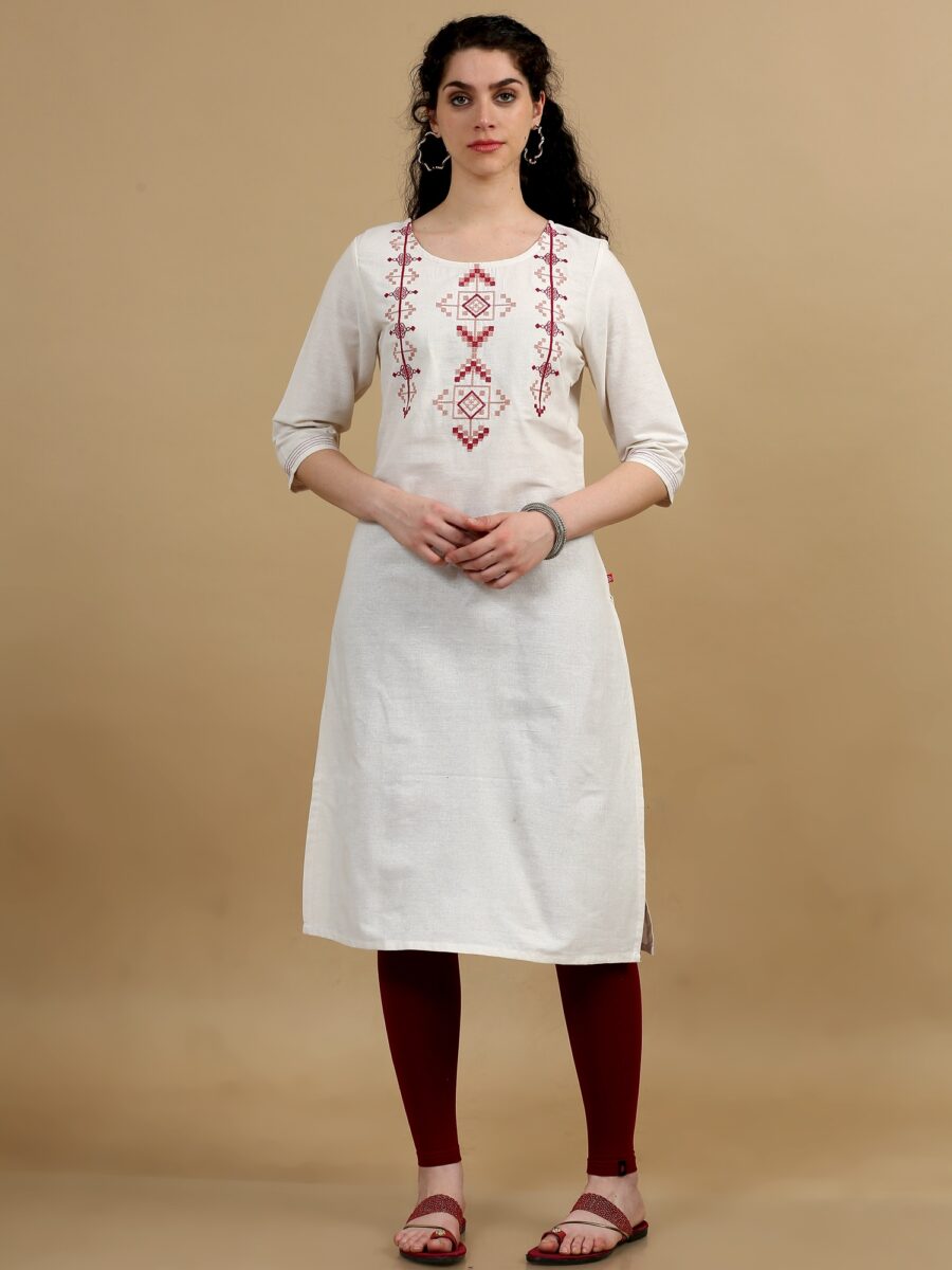 Marcia White Embroidred Cotton Straight kurta - Image 2