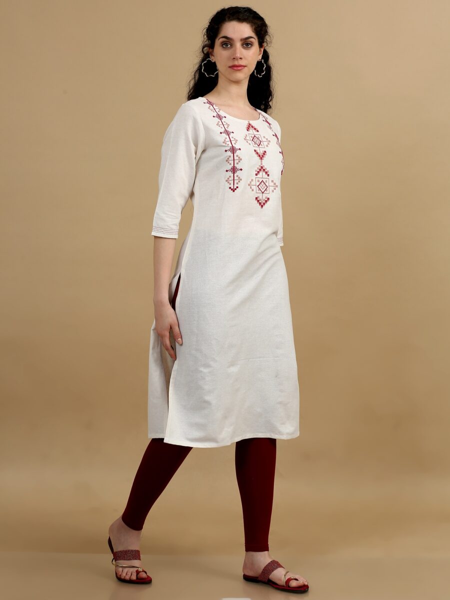 Marcia White Embroidred Cotton Straight kurta - Image 4