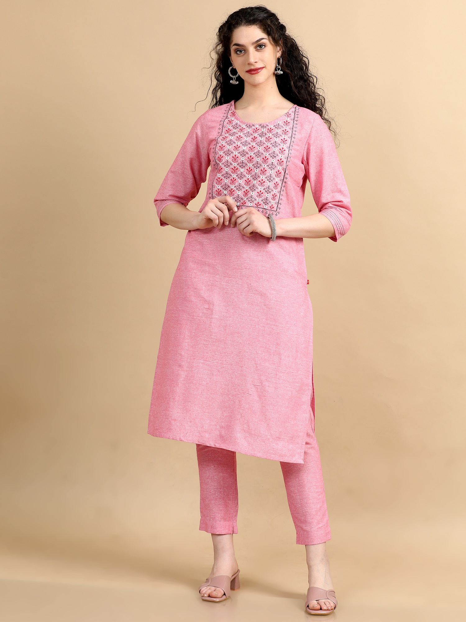 Marcia Pink Embroidred Cotton Straight Kurta Set - Image 2