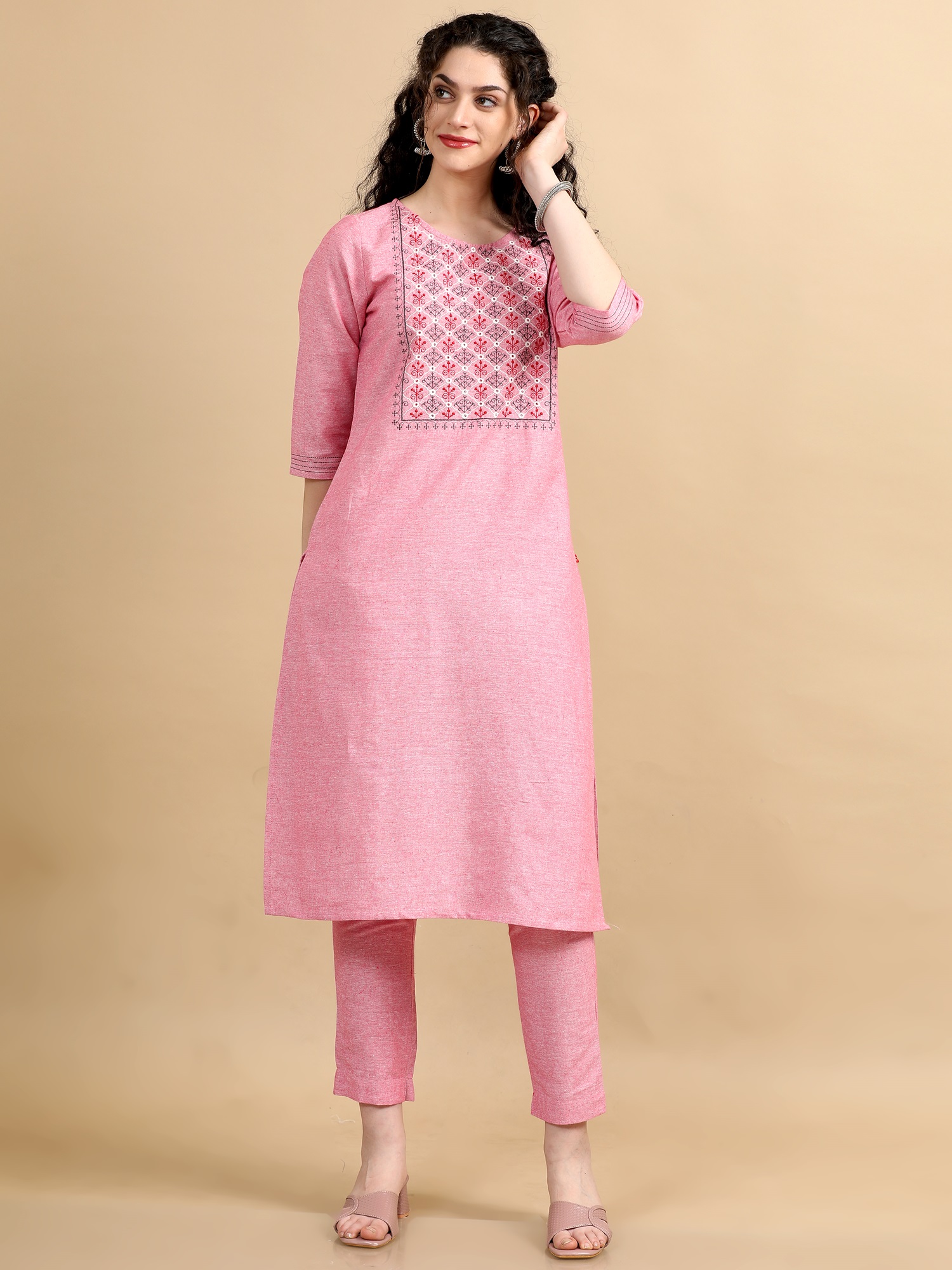 Marcia Pink Embroidred Cotton Straight Kurta Set - Image 3