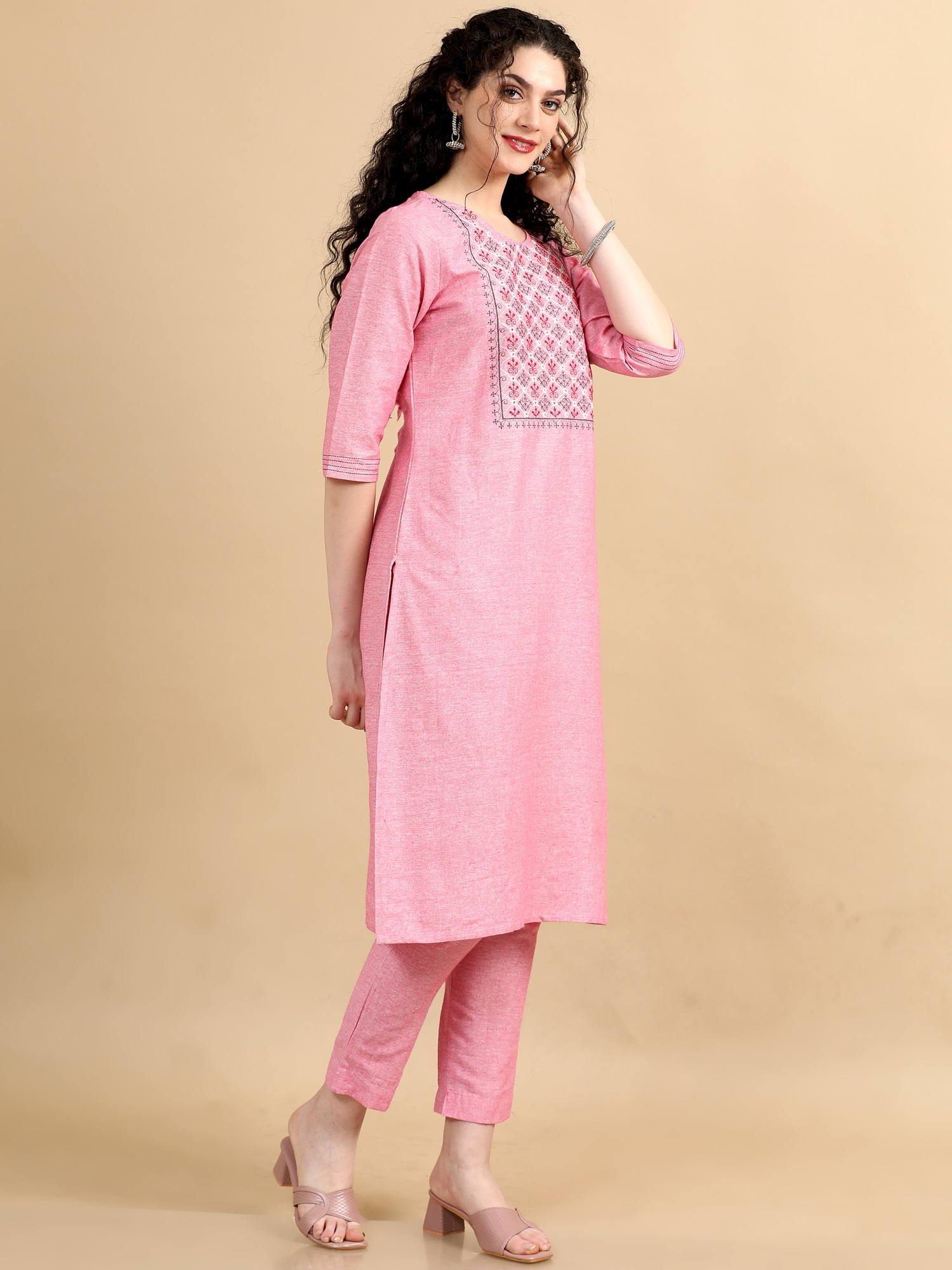 Marcia Pink Embroidred Cotton Straight Kurta Set - Image 4
