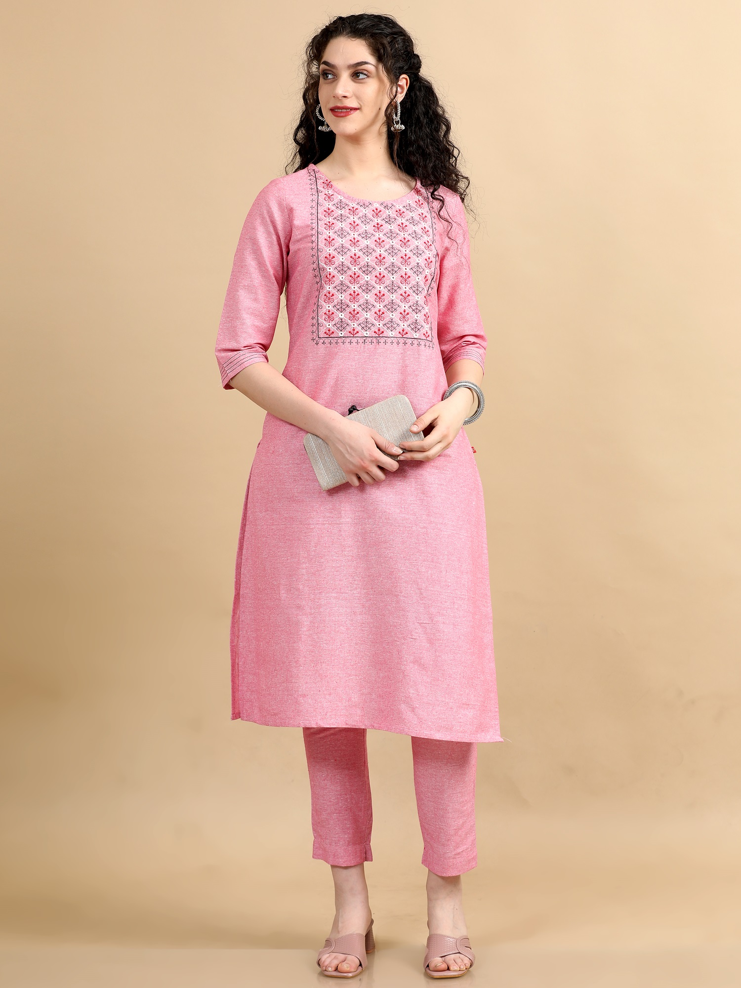 Marcia Pink Embroidred Cotton Straight Kurta Set