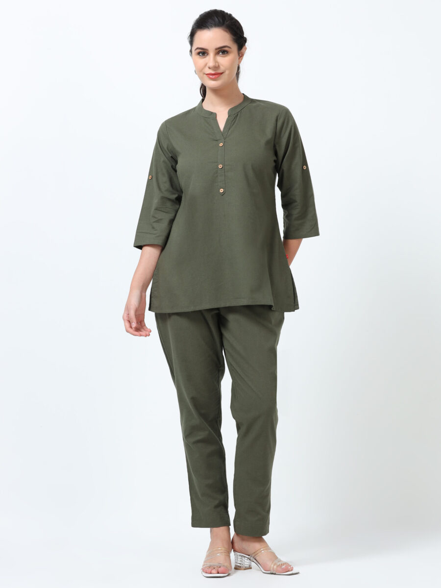 Marcia Olive Solid Cotton Co-ords Set - Image 4
