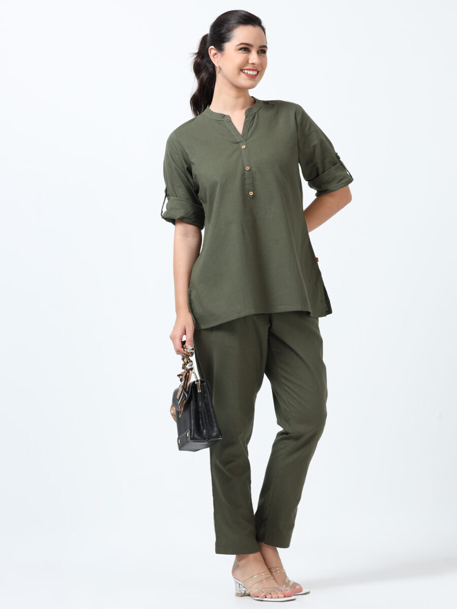 Marcia Olive Solid Cotton Co-ords Set