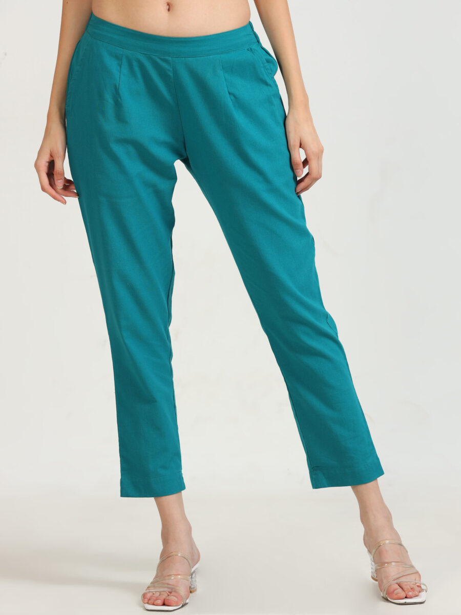 Marcia Blue Solid Cotton Trousers