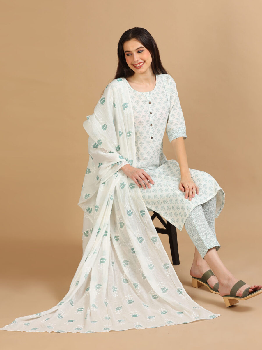 Marcia Green Printed Cotton 3 Pc Kurta Set