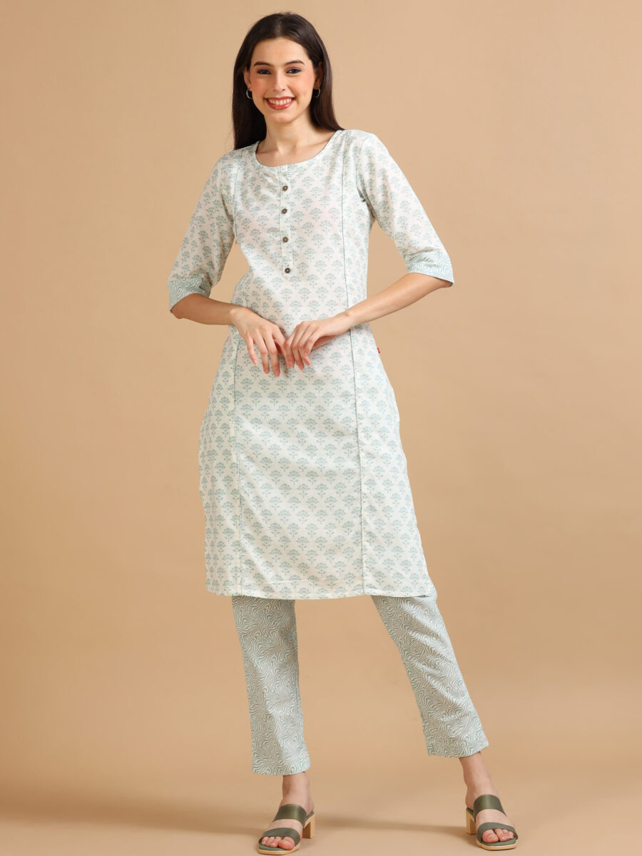 Marcia Green Printed Cotton 3 Pc Kurta Set - Image 3
