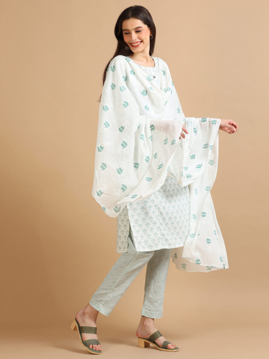 Marcia Green Printed Cotton 3 Pc Kurta Set - Image 4