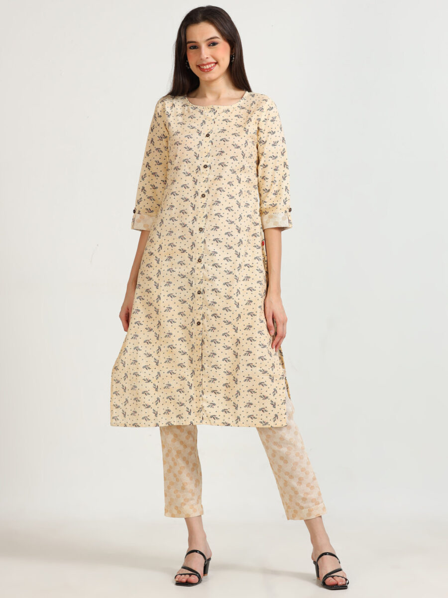 Marcia Beige Printed Cotton Kurta Set - Image 2