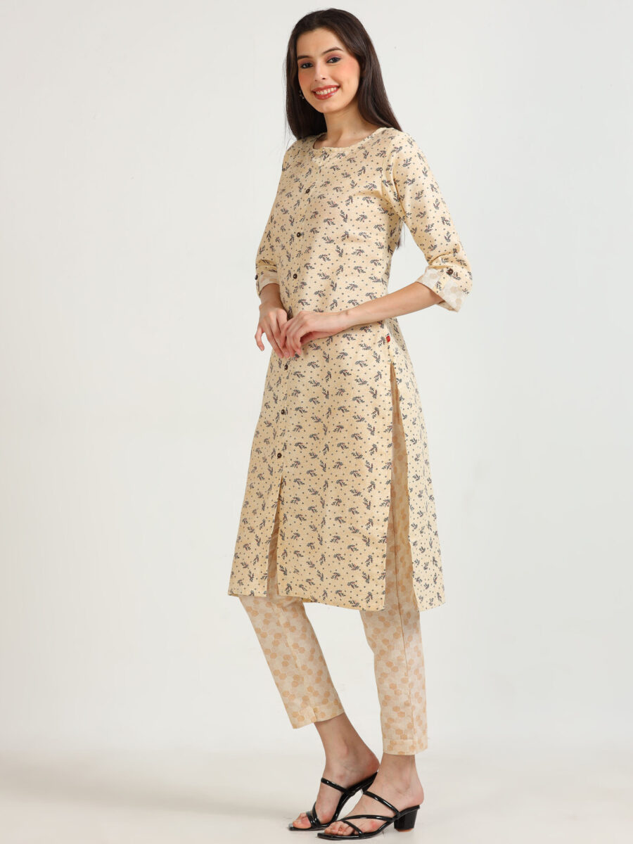 Marcia Beige Printed Cotton Kurta Set - Image 3