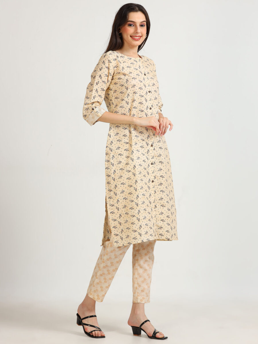 Marcia Beige Printed Cotton Kurta Set - Image 4