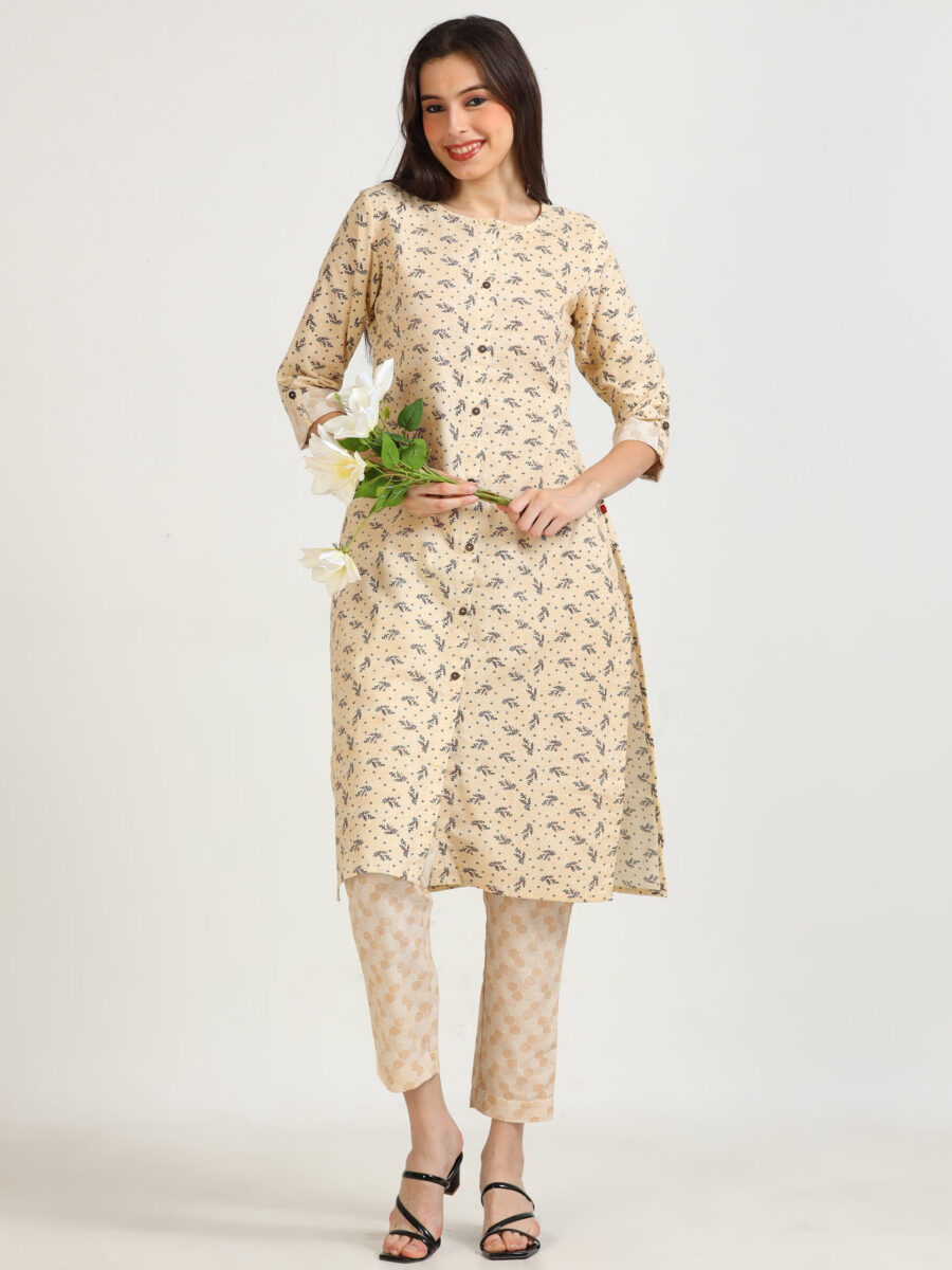 Marcia Beige Printed Cotton Kurta Set