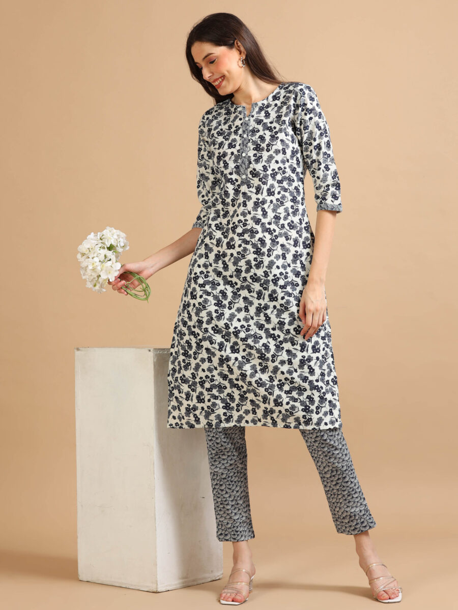 Marcia Navy Printed Cotton Kurta Set