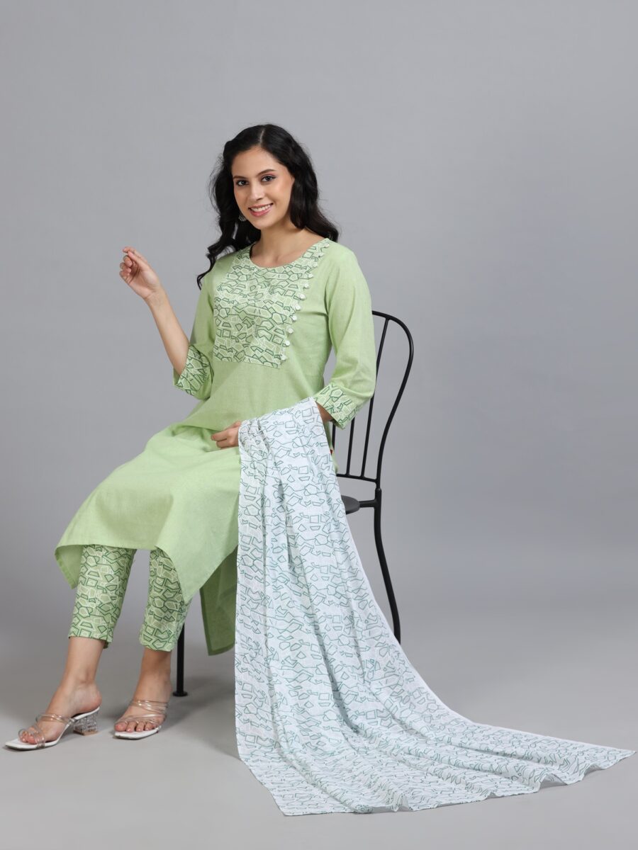 Marcia Green Printed Cotton 3 Pc Kurta Set