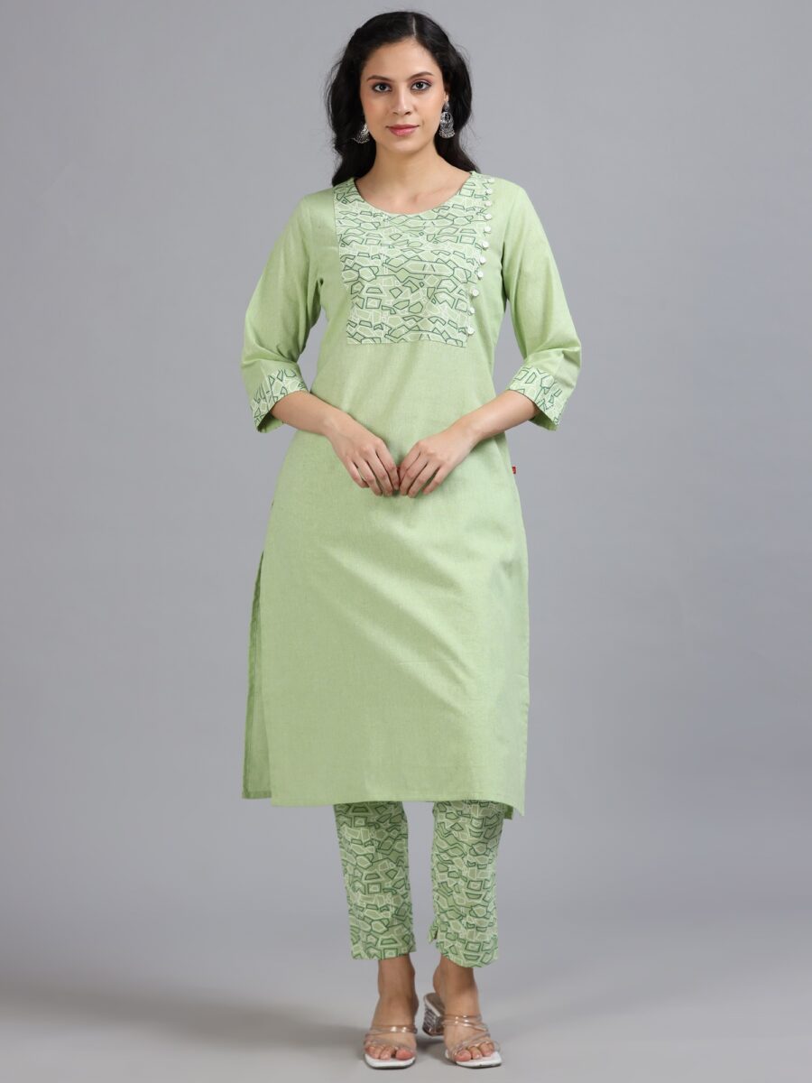 Marcia Green Printed Cotton 3 Pc Kurta Set - Image 2