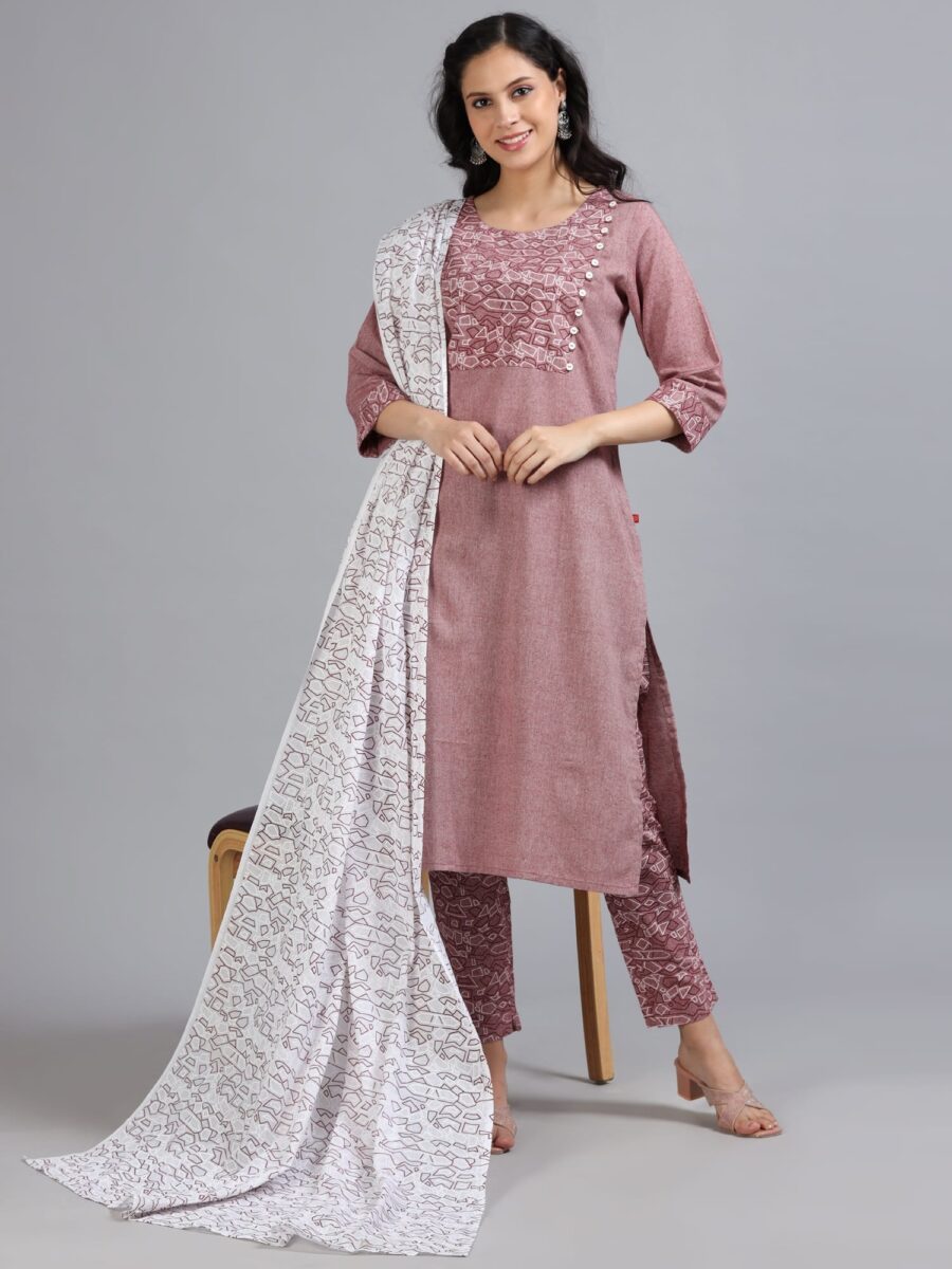 Marcia Red Printed Cotton 3 Pc Kurta Set