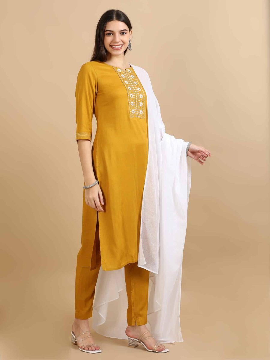 Marcia Mustard Embroidery Rayon 3 Pc Kurta Set - Image 2