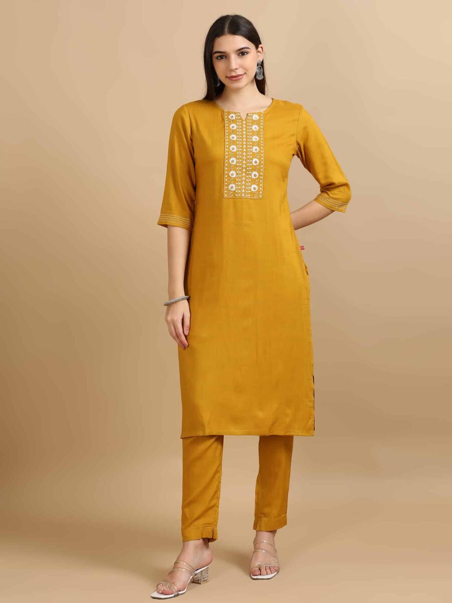 Marcia Mustard Embroidery Rayon 3 Pc Kurta Set - Image 3