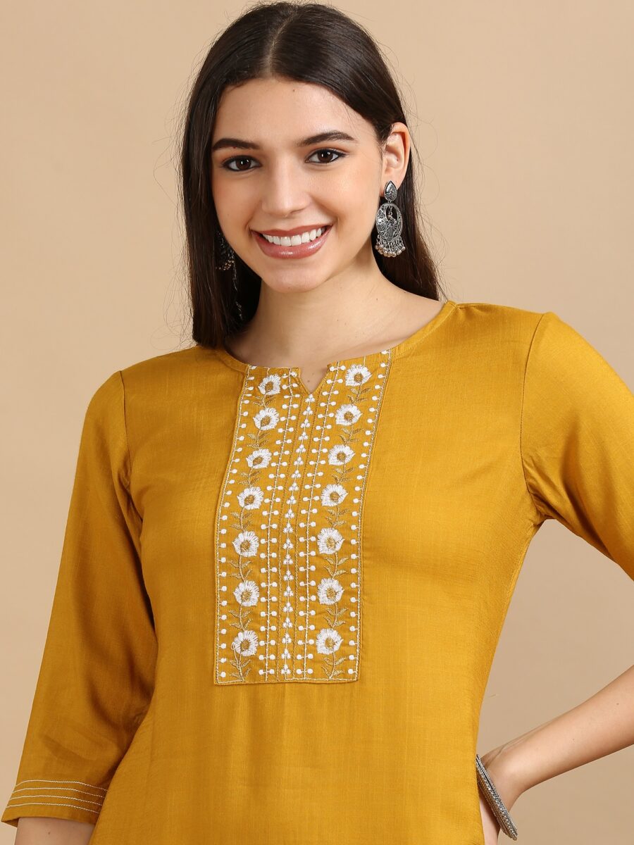 Marcia Mustard Embroidery Rayon 3 Pc Kurta Set - Image 5